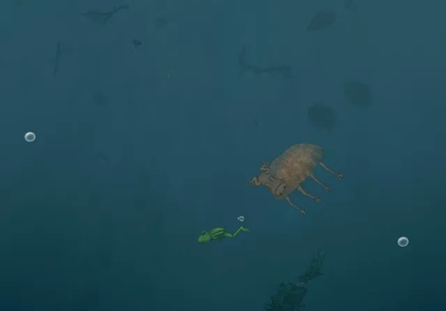 The frog swimming near a large antlered creature drifting in the dark water