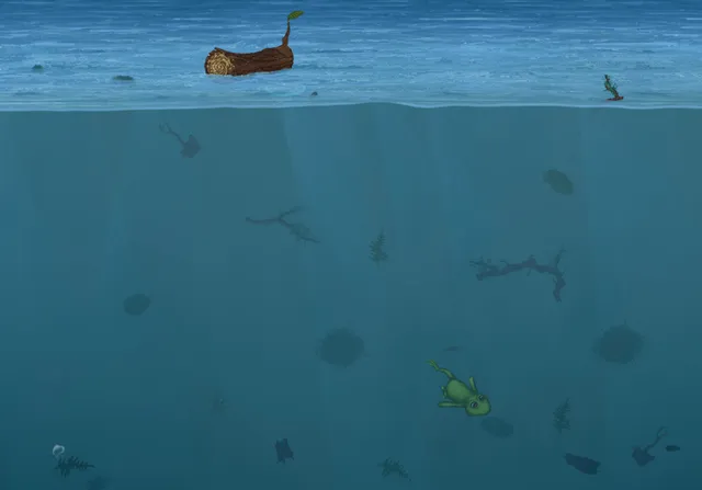 The frog swimming below the water's surface in a flooded forest, a log floating above