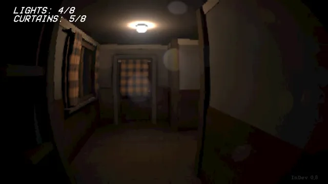 They Looked Like Us screenshot: a dim hallway lit by one ceiling lamp, with checked curtains at the end and a counter reading lights 4 of 8, curtains 5 of 8