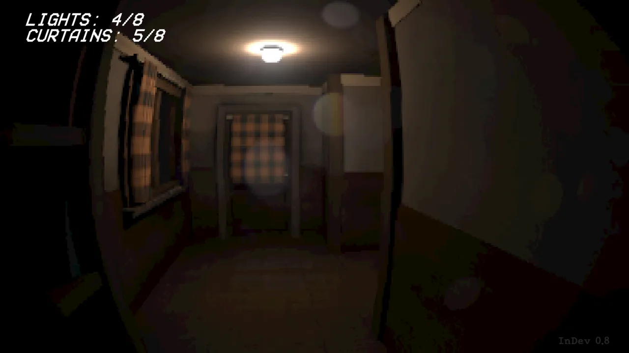 They Looked Like Us screenshot: a dim hallway lit by one ceiling lamp, with checked curtains at the end and a counter reading lights 4 of 8, curtains 5 of 8
