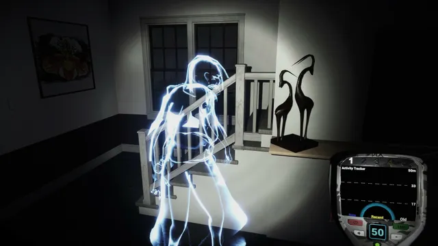 This is a Ghost screenshot: a glowing blue ghost outline on a staircase beside an activity tracker