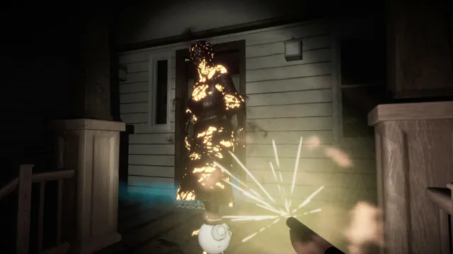 This is a Ghost screenshot: a burning entity on a porch hit by a shot from the player