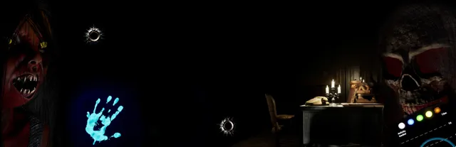 This is a Ghost key art: a red-faced demon and a skull flank a dark room with a glowing blue handprint