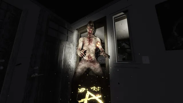 This is a Ghost screenshot: a bloodied pale figure stands in a doorway above a glowing pentagram