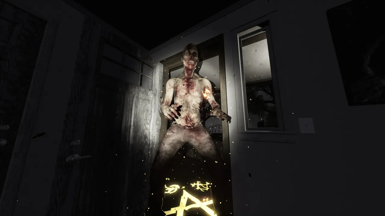 This is a Ghost screenshot: a bloodied pale figure stands in a doorway above a glowing pentagram