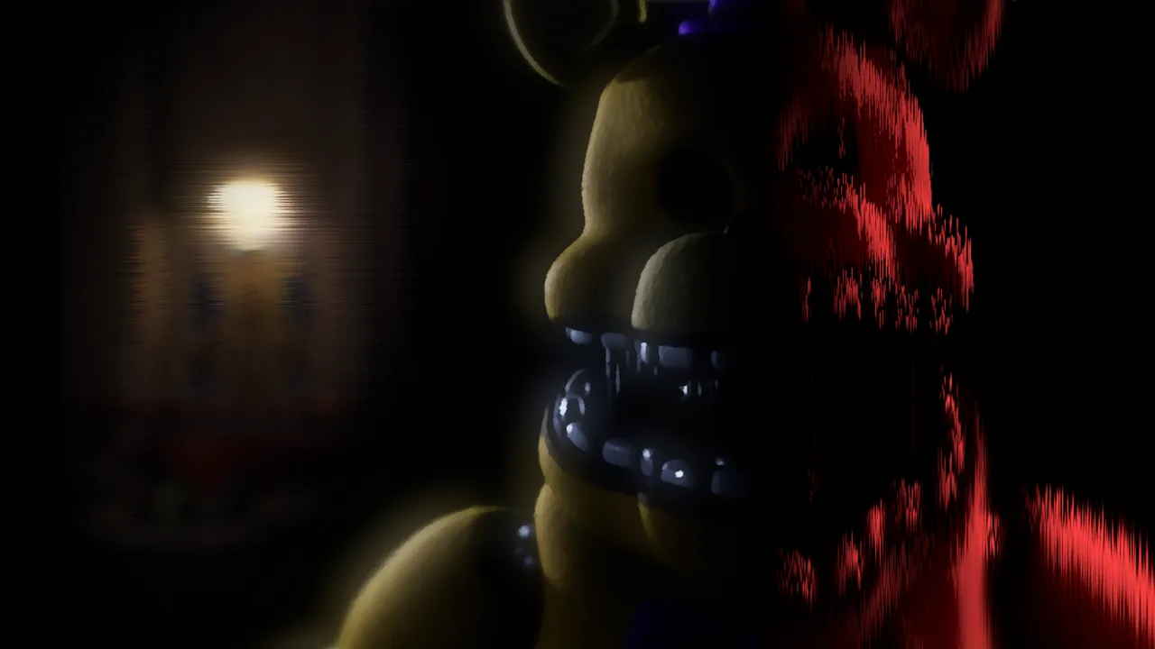 Those Nights at Fredbear's: New Destiny title art: Fredbear's grinning golden face beside a red-furred animatronic in the dim light of a stage