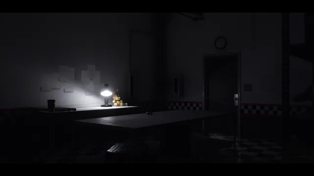 Those Nights at Fredbear's: New Destiny screenshot: a dark room with a desk lamp lighting a small plush on a long table
