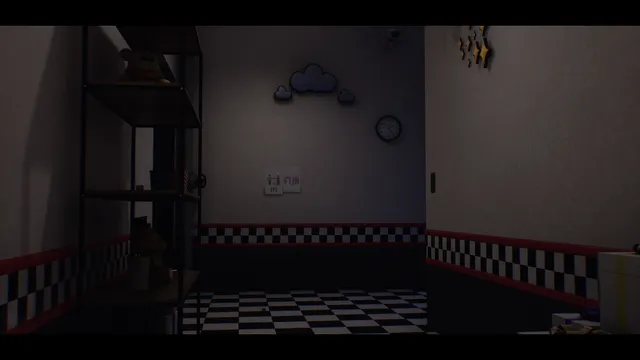 Those Nights at Fredbear's: New Destiny screenshot: a checkered party room corner with shelves, a cloud decoration and a clock