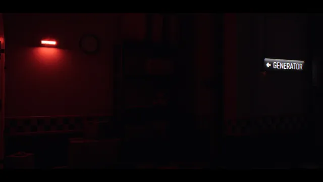 Those Nights at Fredbear's: New Destiny screenshot: a red-lit corridor with a sign pointing to the generator
