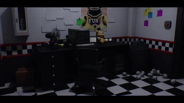 Those Nights at Fredbear's: New Destiny screenshot: the security office with an old computer, a fan, a Fredbear plush and a FUN poster over a checkered floor
