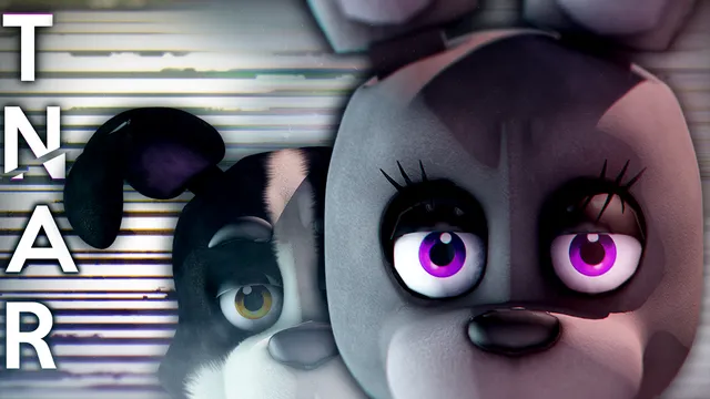 TNaR key art: close-up of the rabbit animatronic's purple eyes beside the dog animatronic, over glitching stripes