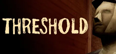 THRESHOLD store art: the title in rough letters beside a pale low-poly face in a cap