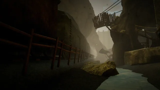 THRESHOLD screenshot: a dark train runs beside a wooden fence through a misty mountain gorge, with a rope bridge and a stream