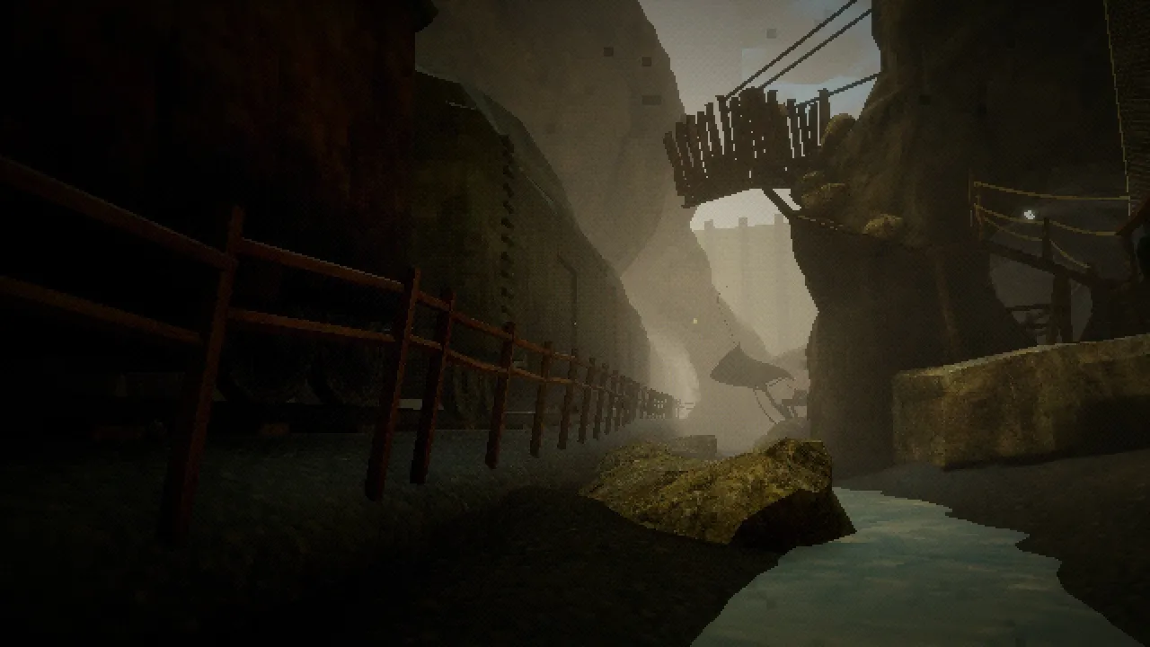 THRESHOLD screenshot: a dark train runs beside a wooden fence through a misty mountain gorge, with a rope bridge and a stream