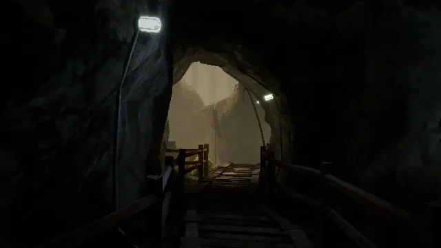 THRESHOLD screenshot: a wooden walkway leads through a dark lamp-lit tunnel toward a misty opening