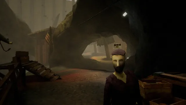 THRESHOLD screenshot: Mo, a low-poly worker in a cap, stands in a rocky passage at the border post beside crates and a flag