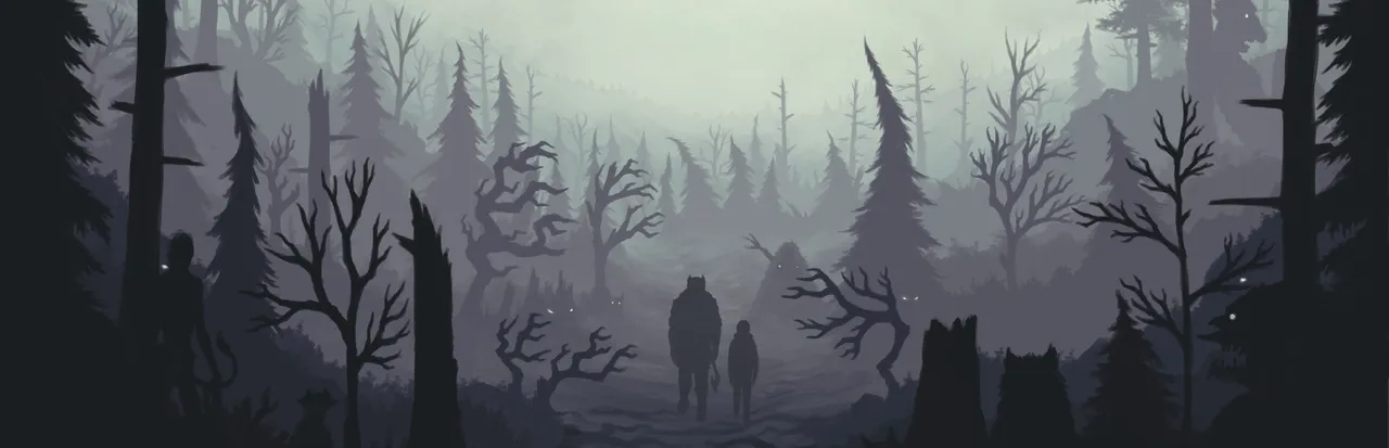 Through the Woods key art: a large figure and a small child walk a misty path through dead trees, watched by shapes with glowing eyes