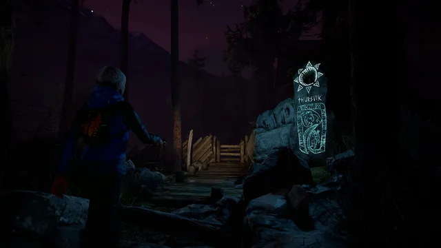 The mother at night with a flashlight beside a stone carved with glowing runes and the name Thursvik