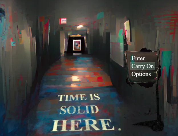 Time is Solid Here screenshot: a long-nosed figure and a pinned note inside a painting on red damask wallpaper, with the line Forgive me, Ava, for I will see you on the other side