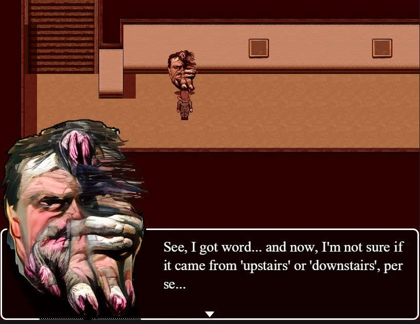 Time is Solid Here screenshot: a top-down room where the player figure is a floating severed head, beside a large warped portrait of an old man, with dialogue about word from upstairs or downstairs