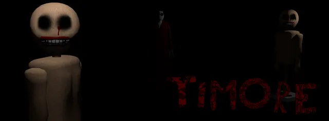 Timore banner: grinning, blood-smeared mannequins and a figure in red beside the red Timore title