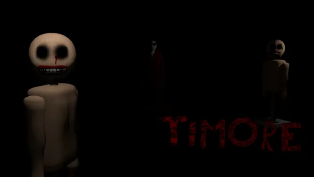 Timore title art: a bald mannequin with black eyes and a bloody grin, a pale figure in a red coat and another mannequin on a stand in the dark
