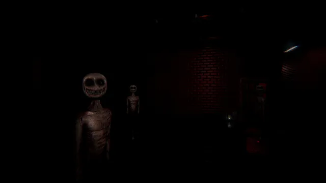 TIMORE REMAKE: three grinning, skinless mannequin figures standing in a dark brick room