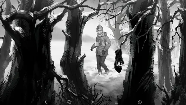 Tiny Bunny screenshot: a boy in a winter coat seen between bare trees, with the choices Run away and Take over a lost mitten