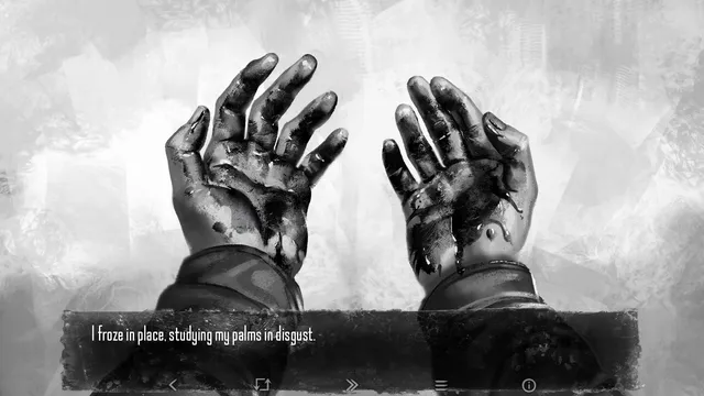 Tiny Bunny screenshot: two hands covered in dark smears, with the line I froze in place, studying my palms in disgust