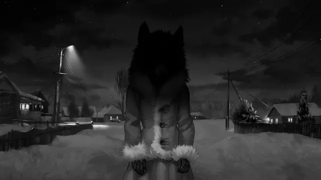 Tiny Bunny screenshot: a figure in a fur-trimmed coat with a wolf's head stands on a snowy village street at night