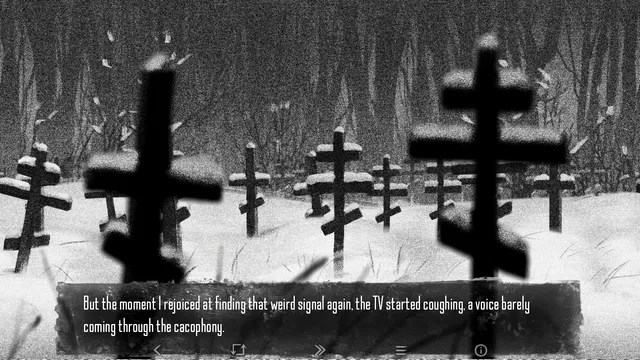 Tiny Bunny screenshot: snow-covered wooden grave crosses at the edge of the forest, with narration about a voice on the television