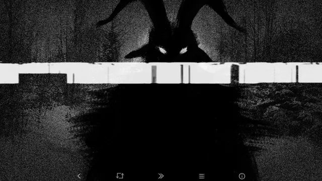 Tiny Bunny screenshot: a horned shadow with white eyes looms over the forest behind a glitching white band