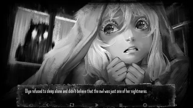 Tiny Bunny screenshot: Olya, scared, in front of a window where a shadow with glowing eyes stands, with a line of narration about the owl