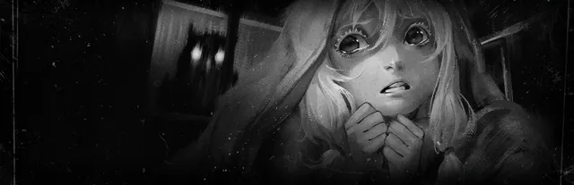 Tiny Bunny key art: a frightened girl with pale hair clutches her blanket while a dark shape with glowing eyes watches from the window behind her