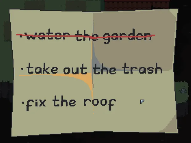 To Do List screenshot: the paper to-do list with water the garden crossed out, take out the trash and fix the roof still to do