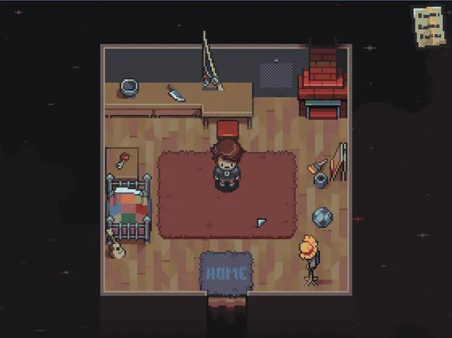 To Do List screenshot: the hero in a small pixel-art room with a bed, a fireplace, a desk with a kitchen knife and a doormat reading HOME, floating in black space