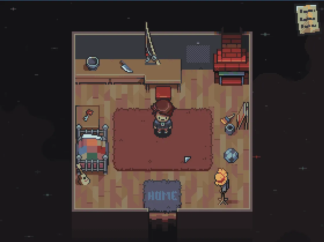 To Do List screenshot: the hero in a small pixel-art room with a bed, a fireplace, a desk with a kitchen knife and a doormat reading HOME, floating in black space