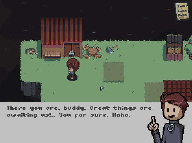To Do List screenshot: the hero beside a shed and an axe on the grass while a smiling neighbour says great things are awaiting us