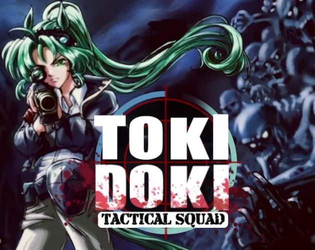 Tokidoki Tactical Squad key art: a green-haired soldier girl aims a pistol, with a blood-spattered title and a mass of zombies behind her