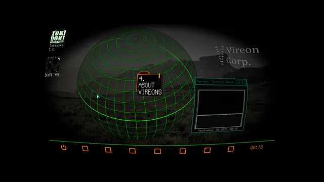 An old computer desktop with a green wireframe globe, a Vireon Corp. logo and a folder named About Vireons