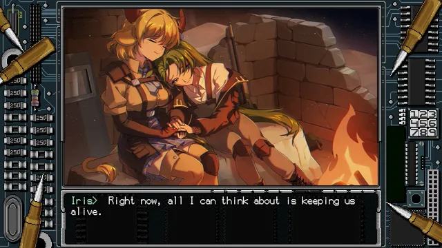 Two soldier girls rest against each other by a campfire in ruins as Iris says all she can think about is keeping them alive