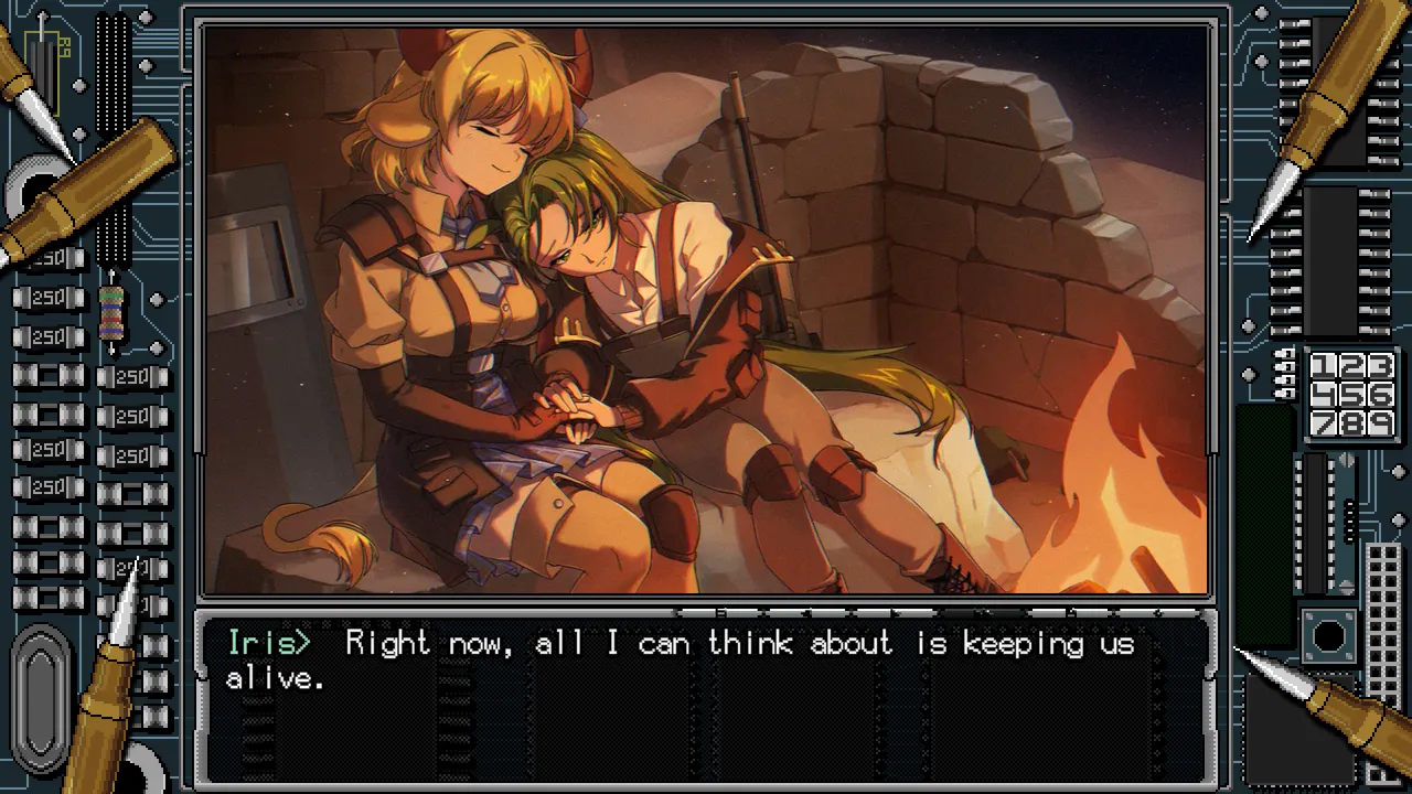 Two soldier girls rest against each other by a campfire in ruins as Iris says all she can think about is keeping them alive