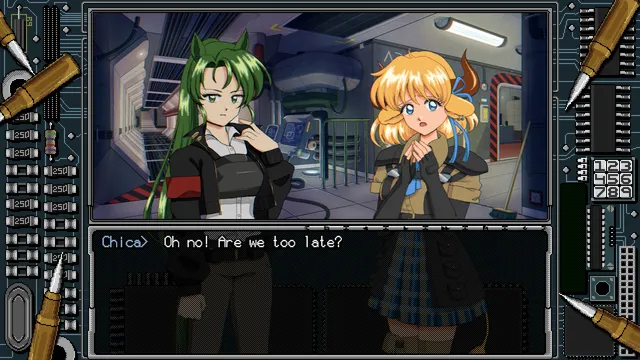 Two anime soldier girls in a sci-fi corridor as one asks, Oh no, are we too late