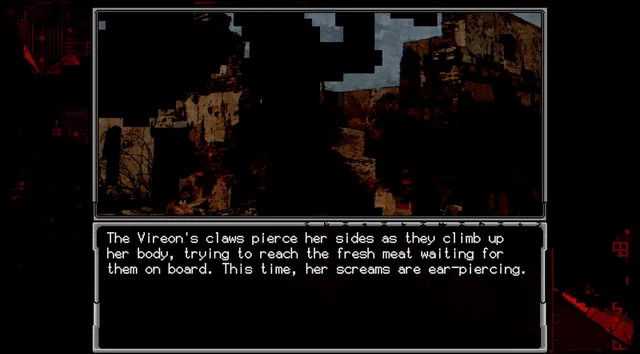 A ruined town at dusk with text describing the Vireons' claws piercing a girl's sides as they climb toward the fresh meat on board