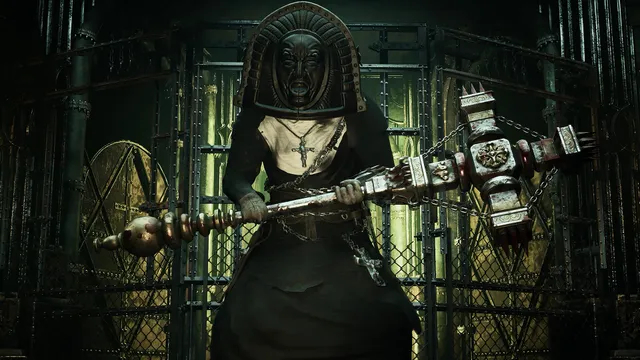 Tormented Souls 2 screenshot: a towering nun-like figure with a black iron face mask holds a huge spiked mace before a gate