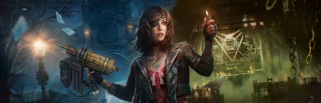 Tormented Souls 2 key art: Caroline, in an eye patch and leather jacket, holds a yellow nail gun and a lit lighter between a moonlit church and a candlelit room hung with chains