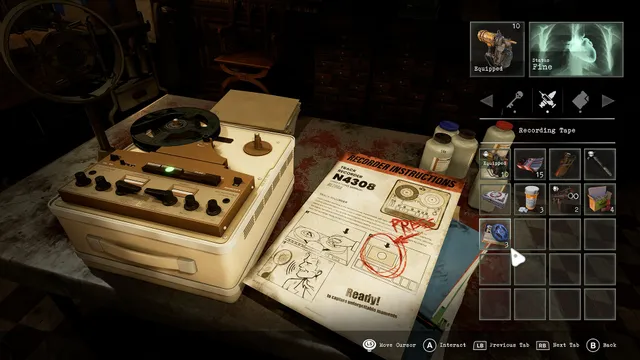 Tormented Souls 2 screenshot: the inventory grid beside a reel-to-reel tape recorder and its instructions on a bloodstained table