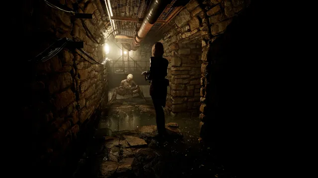 Tormented Souls 2 screenshot: Caroline aims a weapon down a narrow stone tunnel at a pale crouching creature in a pool of water