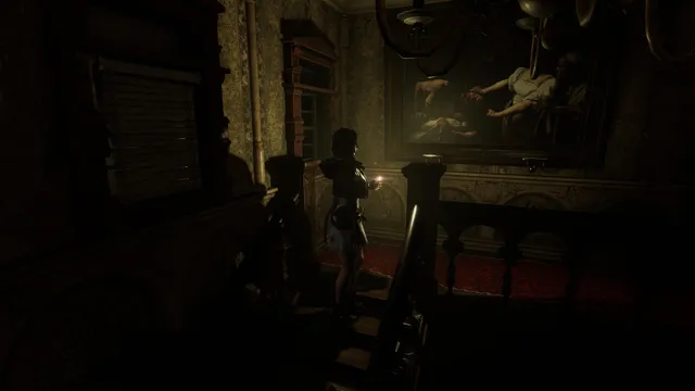 Tormented Souls screenshot: Caroline climbs a dark staircase holding a lighter, beneath a large painting of a beheading