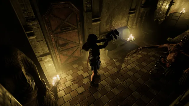 Tormented Souls screenshot: Caroline aims a nail gun at a clawed creature in a candlelit stone room, seen from a high fixed camera